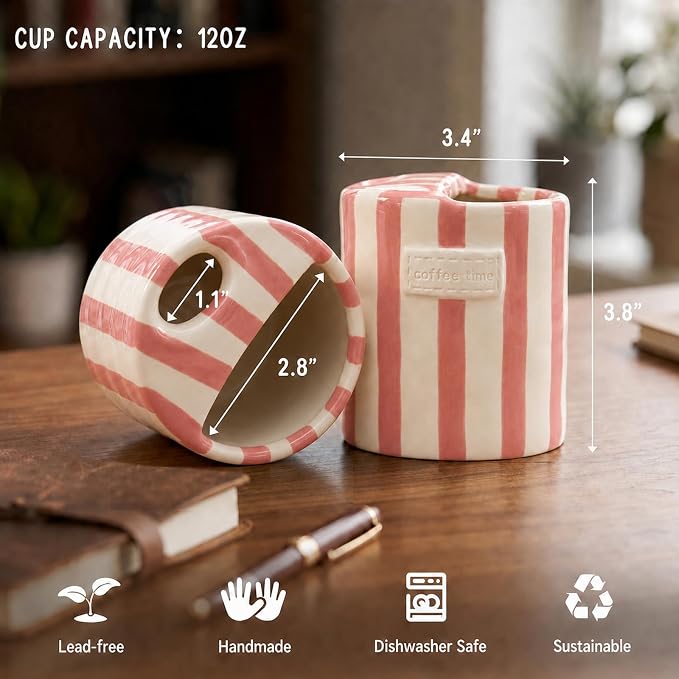 Ceramic Coffee Mug with Sip Hole, 12oz Striped Ceramic To Go Coffee Cup - Image 5