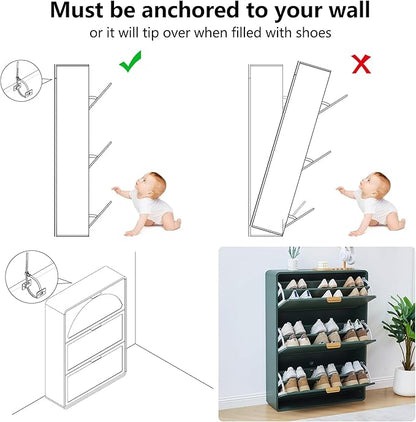 Narrow Hidden Shoe Organizer Cabinet Storage for Entryway, Modern Slim and Skinny Shoe Rack Cabinet with Flip Drawers for Entrance, Hallway - Green