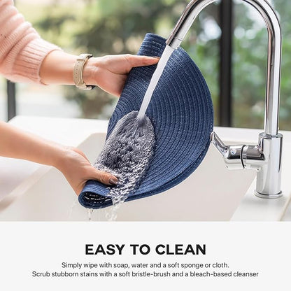 Round Placemats Set of 6 Woven Placemats Washable Braided Table Mats for Dining Table Heat Resistant Non-Slip Circle Place Mats(Navy Blue)