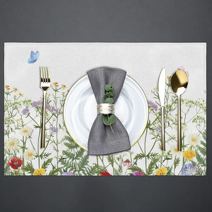 Spring Wildflowers Placemats Set of 4, Washable Elegant Placemats, Non-Slip Table Rectangle Linen Place Mats for Kitchen Dining Party Home Indoor Table Decor, Forest Style Home Decoration