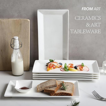 12" Serving Platters Set of 4, White Rectangular Plates, Ceramic Serving Tray, Stackable Large Party Plates for Appetizer, Dessert, Steak, Sushi, Housewarming, Oven Dishwasher Safe