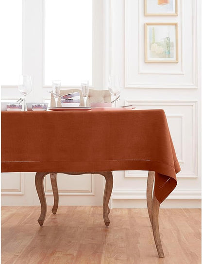 Solino Home Linen Cinnamon Tablecloth 60 x 108 Inch - Classic Hemstitch, 100% Pure Linen Rectangular Tablecloth - Machine Washable Table Cloth for Winter