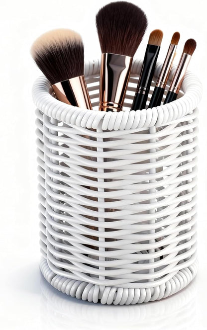 Rattan Jars, Car Storage Box, 4.13" x 4.92" Bathroom Essentials Accessories Decor, Round Vanity Storage Organizers, for Hair Accessories, Cotton Pads, Cotton Ball, Cosmetics, White (DP054)