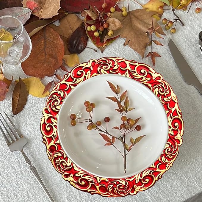 Red Charger Plates with Gold Embossed Rim, Plate Chargers - Image 2