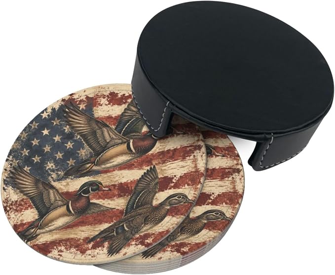 Rustic Americana Patriotic Duck Flag Leather Coasters Set of 6 - Image 3