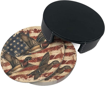 Rustic Americana Patriotic Duck Flag Leather Coasters Set of 6 - Image 3