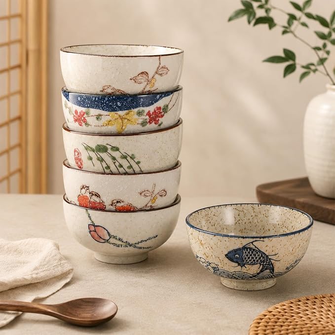 6 Pack Japanese Retro Rice Bowls Set | 4.5 Inch Small Soup Sushi Salad Dessert - Image 6