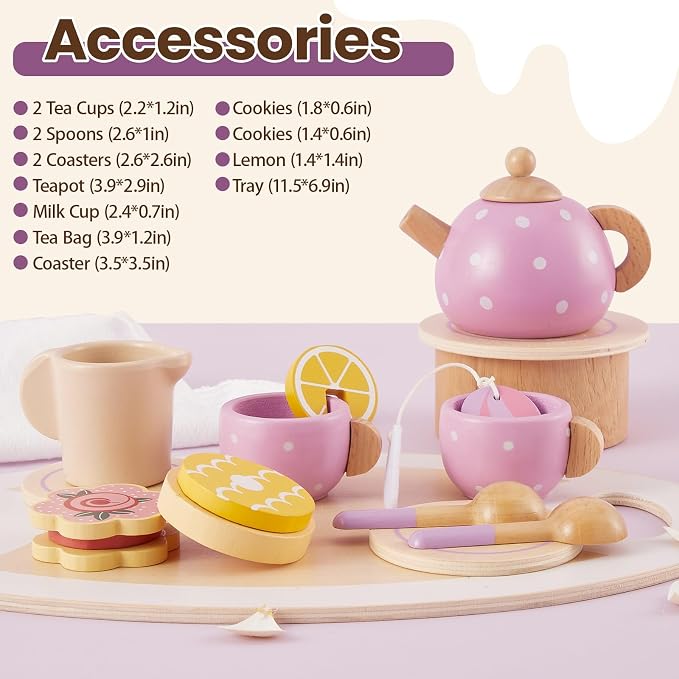 Tea Party Set for Little Girls, Wooden Tea Set for Toddlers 1-3 | Girls Tea - Image 5