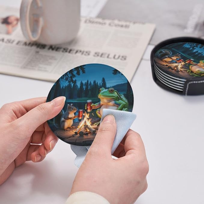 Happy Camper Frog Coasters for Drinks Set of 6, Round Leather Coaster - Image 6