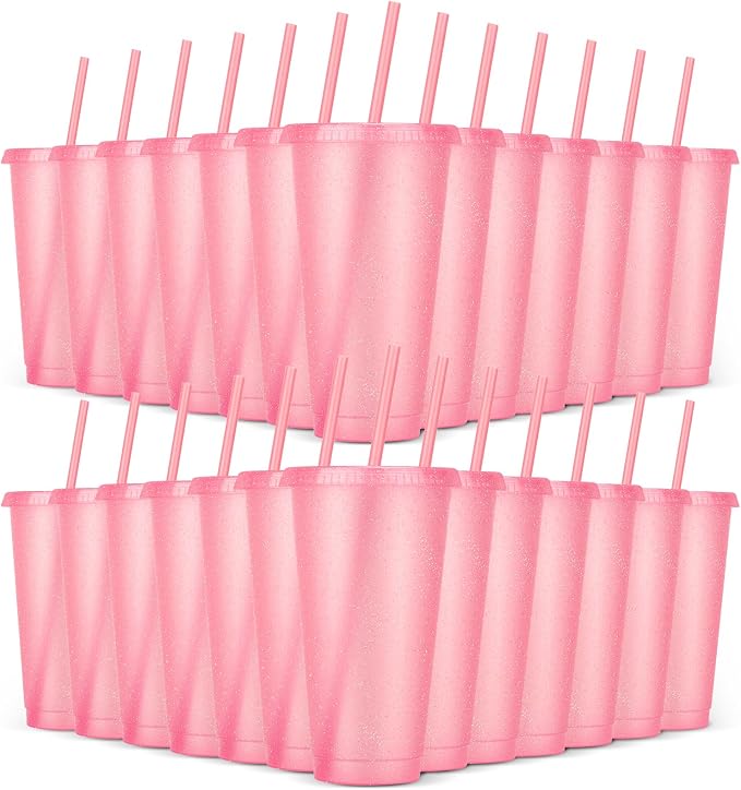 24 Pack Plastic Tumblers with Lids and Straw, Reusable Cups with Lids and by LEIFEOSH