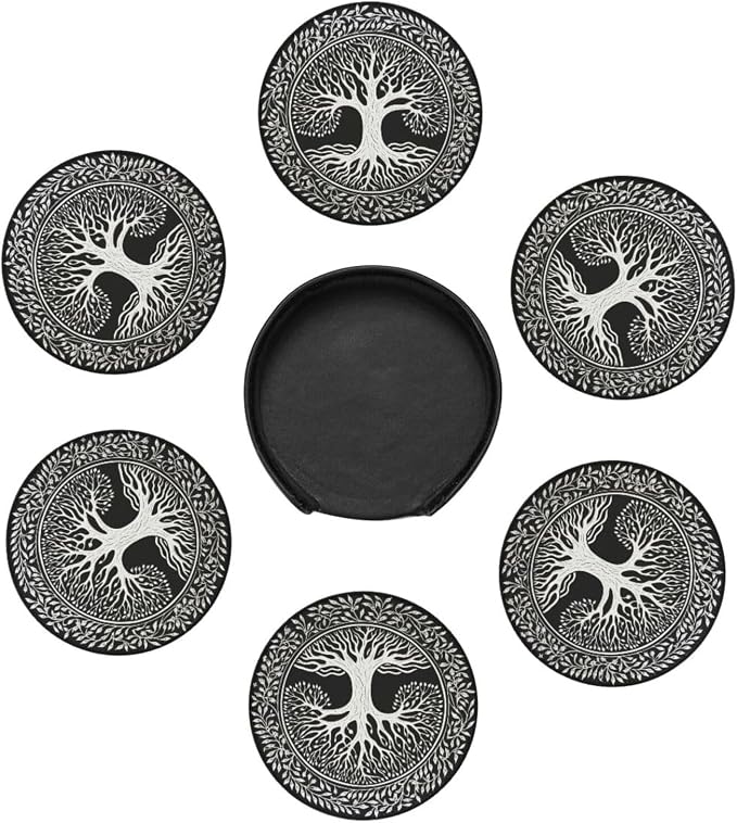 Drink Coasters with Holder Stand Set of 6, Tree of Life Stamp Pu Leather - Image 5