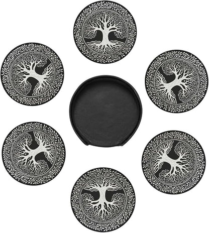 Drink Coasters with Holder Stand Set of 6, Tree of Life Stamp Pu Leather - Image 5