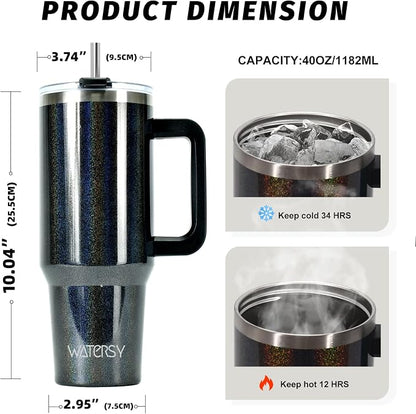 40 oz Shiny Tumbler with Handle and Straw, Stainless Steel Tumbler with Lid and - Image 2