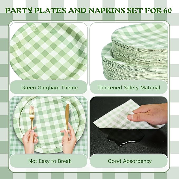 180Pcs Green Gingham Party Supplies Paper Plates and Napkins Serve 60 | - Image 3