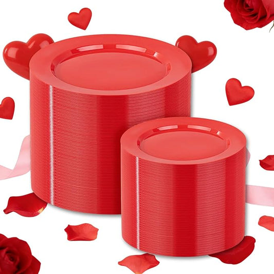 FLOWERCAT 200PCS Red Plastic Plates Disposable Plates for Party - Heavy Duty Plastic Plates - 10" &7" Plate for 100 Guests New Year Parties and Events &Christmas