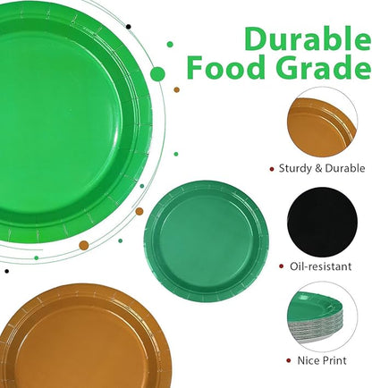 60Pcs Green and Brown Plates 9” Green Black Party Paper Plates Hunting Theme Birthday Platters Disposable Tableware for Camo Army Hunting Theme Party Decorations