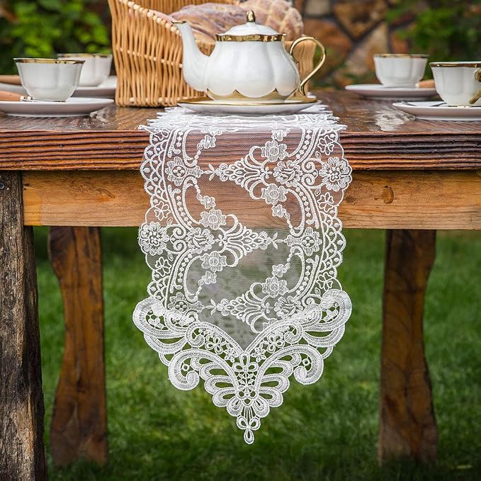 ARTABLE White Lace Table Runner Macrame Vintage Dresser Scarf 10 x 110 Inch | by ARTABLE