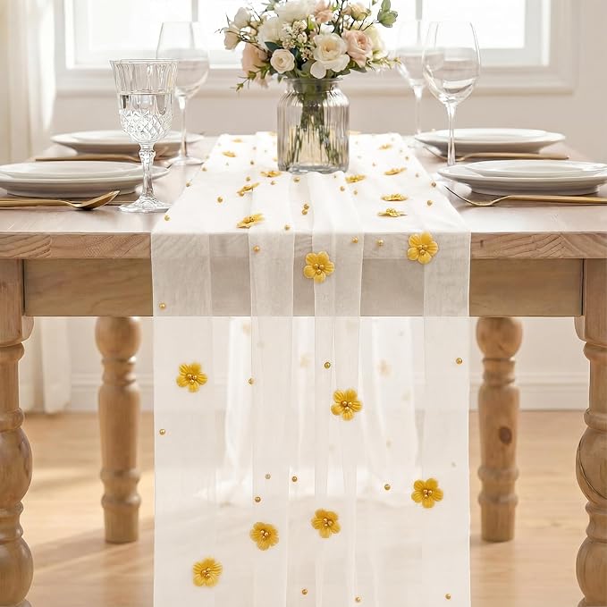Artoid Mode Yellow Flower Pearl White Gauze Table Runner 10FT, Seasonal Sheer - Image 2