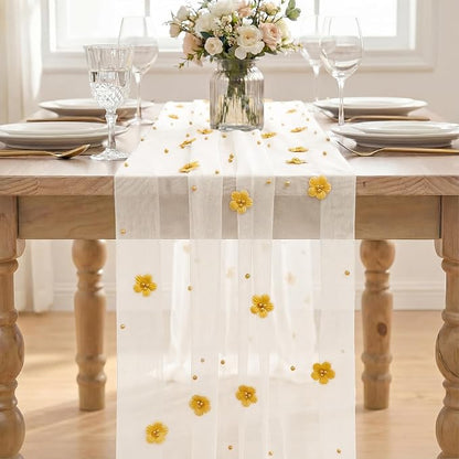 Artoid Mode Yellow Flower Pearl White Gauze Table Runner 10FT, Seasonal Sheer - Image 2