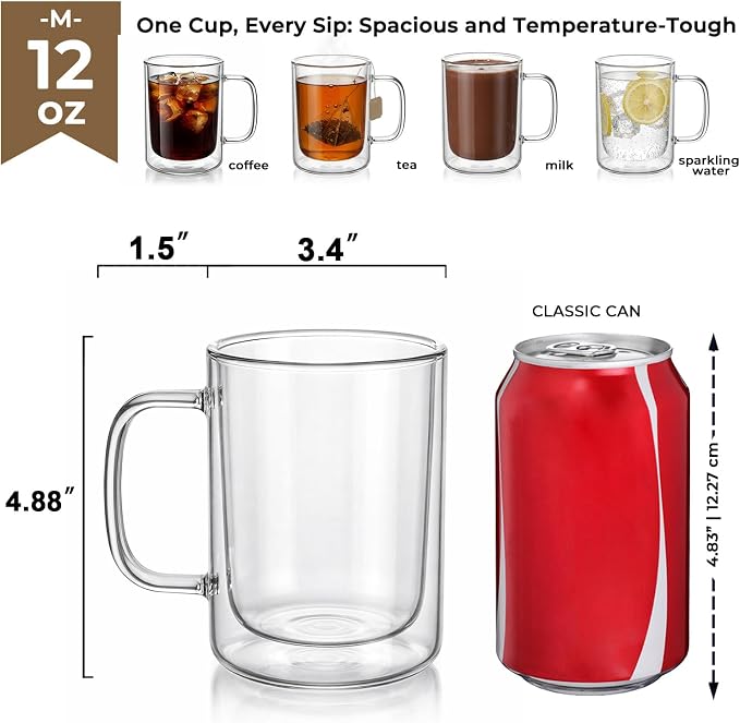 Aquach 12oz Double Walled Glass Coffee Mugs Set of 2, Insulated Tea Cups | - Image 4