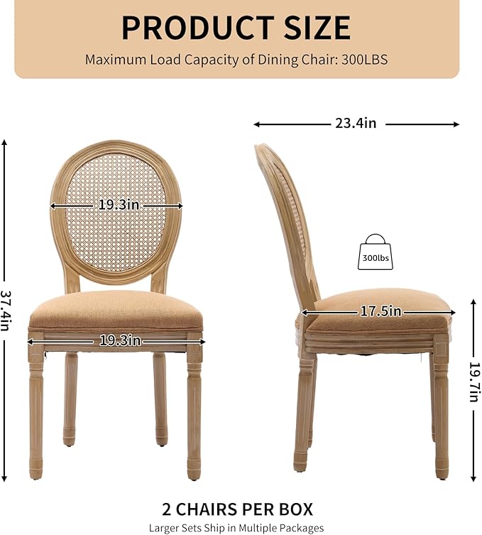 Vintage French Rattan Dining Chairs Set of 2, Round Back Accent Chairs with Rattan Backrest and Upholstered Linen Seat, Solid Wood Frame Sillas de Comedor for Dining Room & Kitchen, Camel
