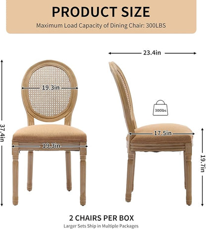 Vintage French Rattan Dining Chairs Set of 6, Round Back Accent Chairs with Rattan Backrest and Upholstered Linen Seat, Solid Wood Frame Sillas de Comedor for Dining Room & Kitchen, Camel