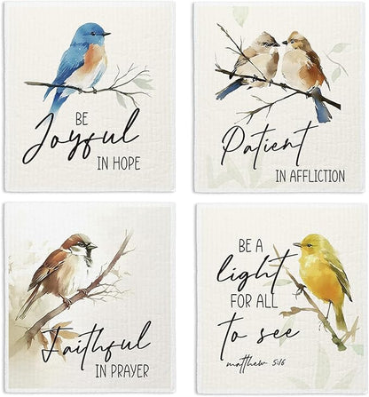 Bird Scripture Swedish Dishcloths for Kitchen, Swedish Dish Cleaning Cloths for Spring，Papaya Reusable Paper Towels, 4 Pack Dish Towels for Kitchen, Reusable Paper Dishcloths Washable