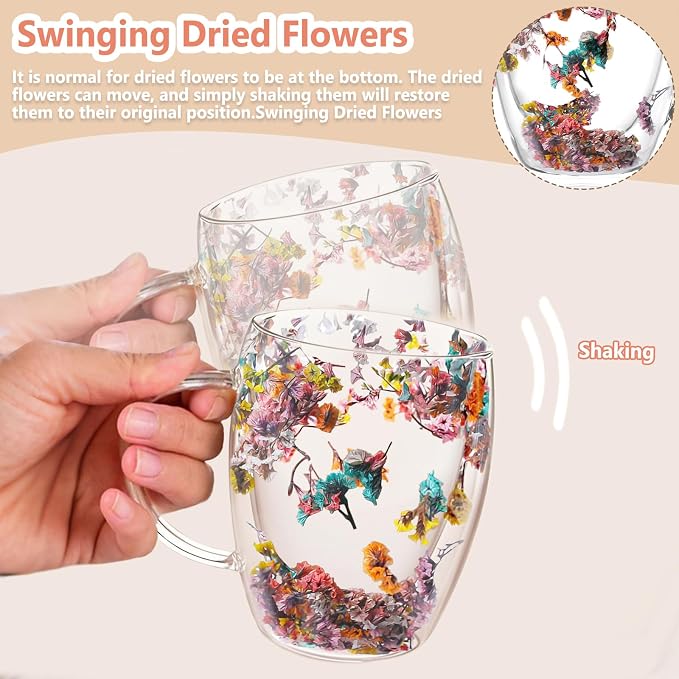 Gifts for Women Dried Flowers Double Wall Glass Coffee Mugs Cute Glass Tea Cups - Image 4