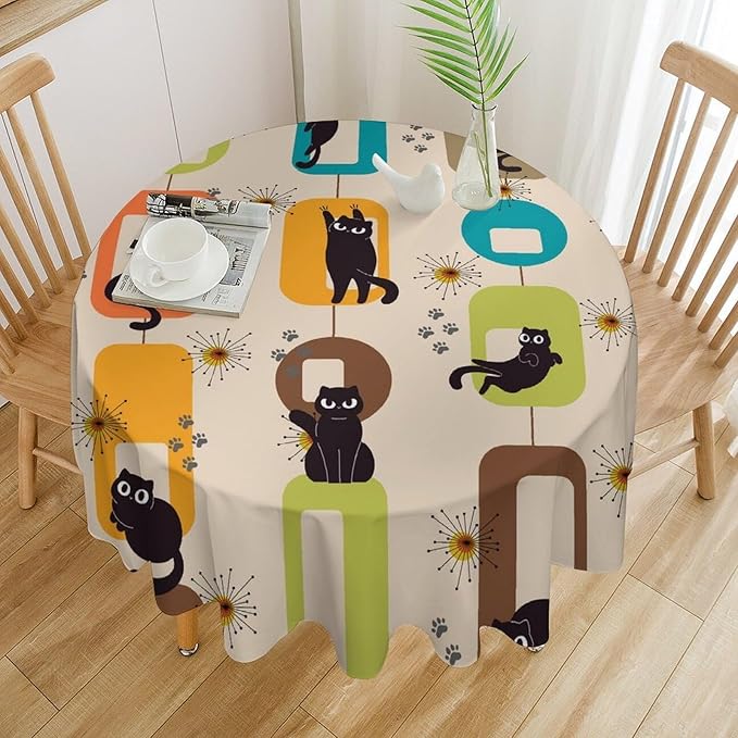 Bohemian Black Cat Round Tablecloth, Rustic Vintage Mid Century Geometric Tablecloth for Home Party Dining Room Kitchen Decor 50Inch(127cm)