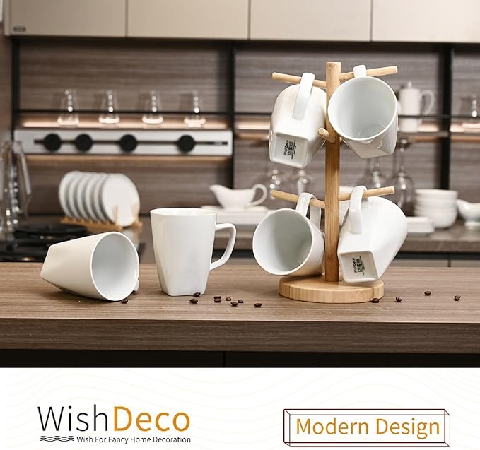 WishDeco White Coffee Mugs Set of 6, Ceramic Coffee Cups 14 oz, Modern Tea Mugs - Image 5