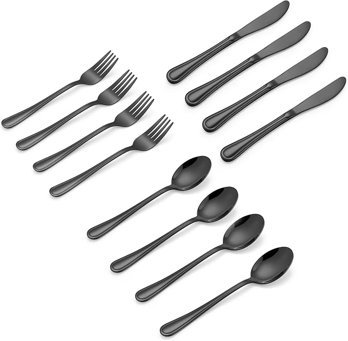 LIANYU 12-Piece Black Kids Silverware Set, Stainless Steel Toddler Utensils by LIANYU