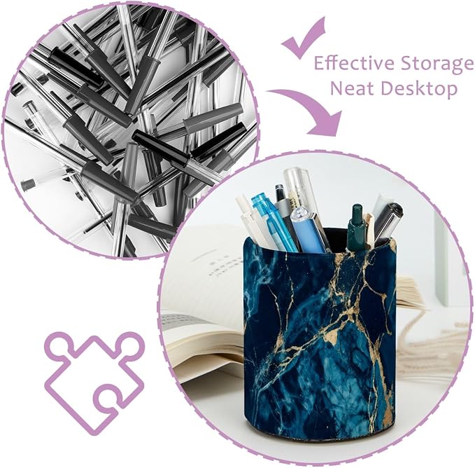 Navy Blue Abstract Marble Leather Pen Holder - Image 4