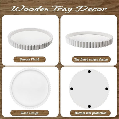Handmade 12in Decorative Tray for Coffee Table Tray Decor, White Wooden Decorative Round Tray for for Coffee Table, Dining Room Table Entryway and Living Room Table