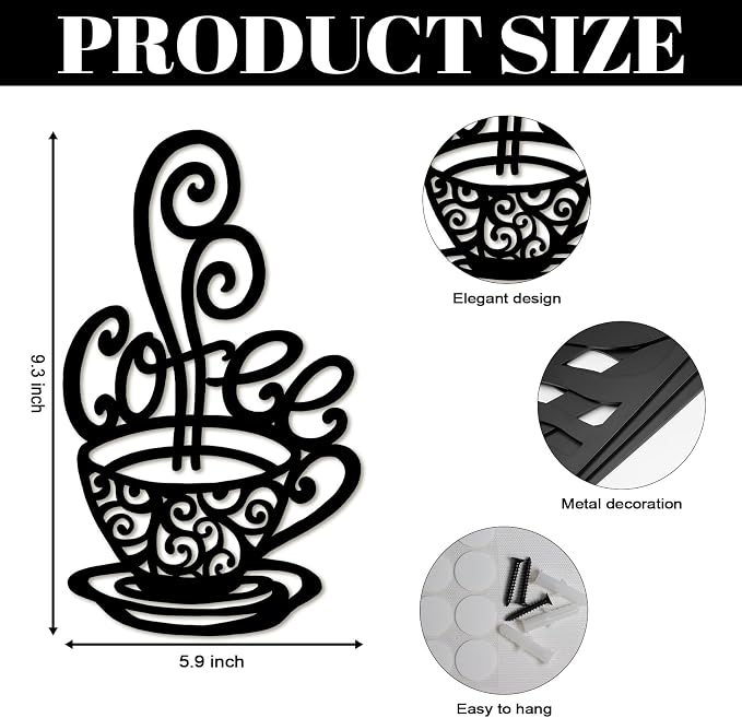 Oubasa Metal Coffee Cup Wall Decor, Minimalist Cafe Themed - Image 3