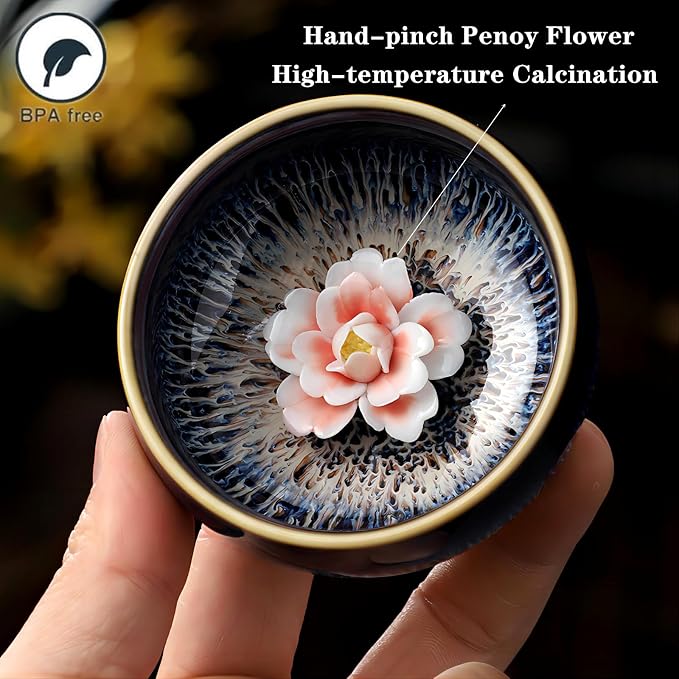 Tenmokus Tea Cup with Peony Flower, 3 oz, Round | Chinese Small Ceramic Teacup - Image 3
