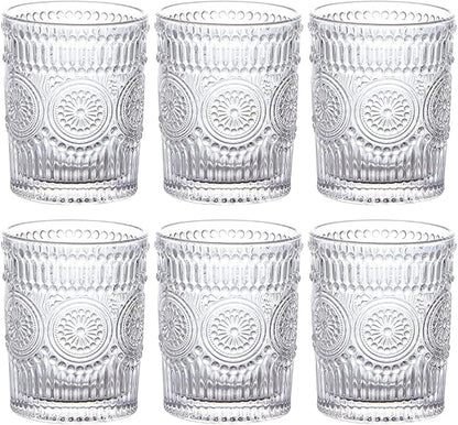 MDLUU 6-Pack Embossed Drinking Glasses, Romantic Glassware, Vintage Glass Tumblers for Juice, Beverages, Cocktail, Capacity 9oz/265ml