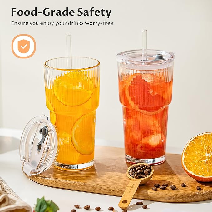 20oz Iced Coffee Cups with Lids, Glass Coffee Cups with Lids and Straws | Clear - Image 9