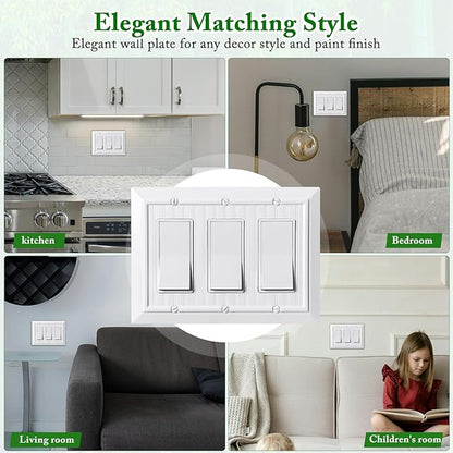 Beadboard Outlet Covers Wall Plates, Bamboo Fiber Light Switch Covers, Natural Material Electric Receptacle Decorative Switch Plate Outlet Cover (Pure White, 3 Gang Decorator 1 Pack)