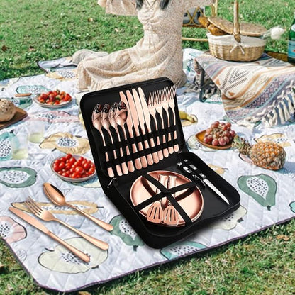 Picnic Tableware Set Camping Dinnerware Copper/Rose Gold Silverware and Plates Kit for 4 Portable Utensils Stainless Steel Dishes Spoons Forks Knives Bottle Opener Food Tongs