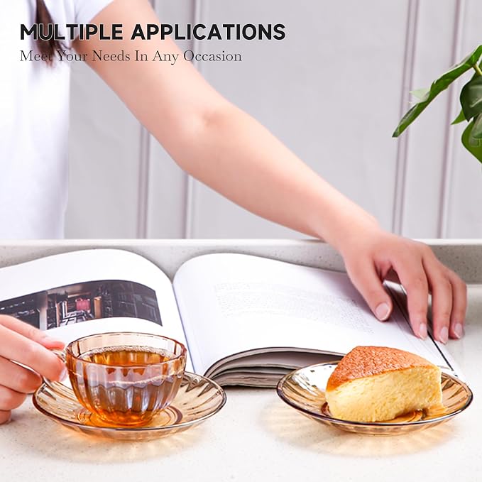 Glass Tea Cups and Saucers Set of 6, Glass Coffee Mugs - Image 2