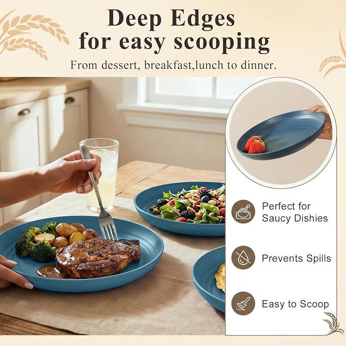 Deep Dinner Plates 10 Inch, Plastic Plates Reusable, Unbreakable Wheat Straw - Image 5