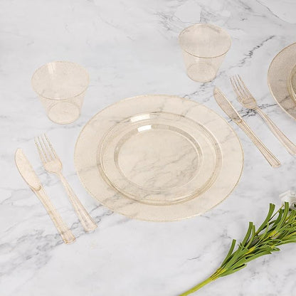 Goodluck 700 Piece Gold Glitter Plastic Dinnerware Set for 100 Guests, Disposable Plates for Party, Include: 100 Dinner Plates, 100 Dessert Plates, 100 Pre Rolled Napkins with Silverware, 100 Cups