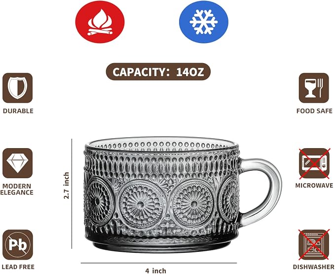 Gezzeny Vintage Glass Coffee Mugs 14 Oz Set of 2 Gray Embossed Tea Cups - Image 7