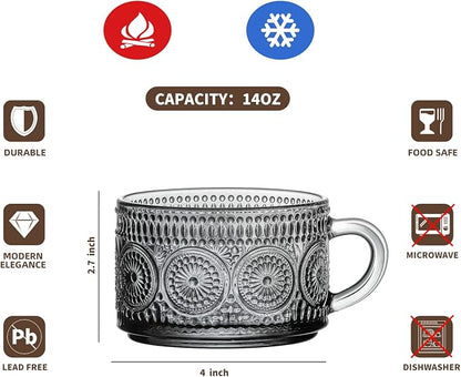 Gezzeny Vintage Glass Coffee Mugs 14 Oz Set of 2 Gray Embossed Tea Cups - Image 7