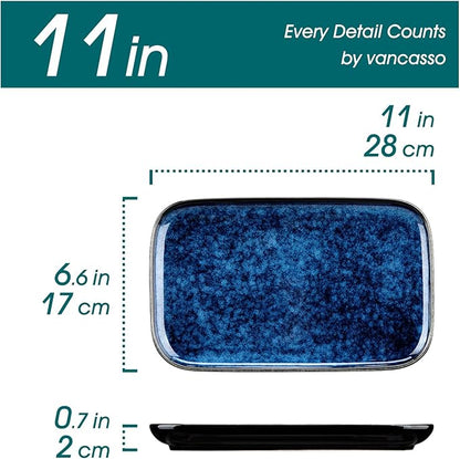 vancasso Stern Serving Platters Set of 4, 11 Inches Rectangular Ceramic Serving Plates, Blue Serving Trays for Entertaining