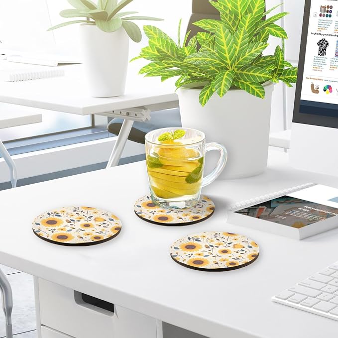 Sunflower Cow Leather Skin Brown Pattern Round Coasters - Image 7