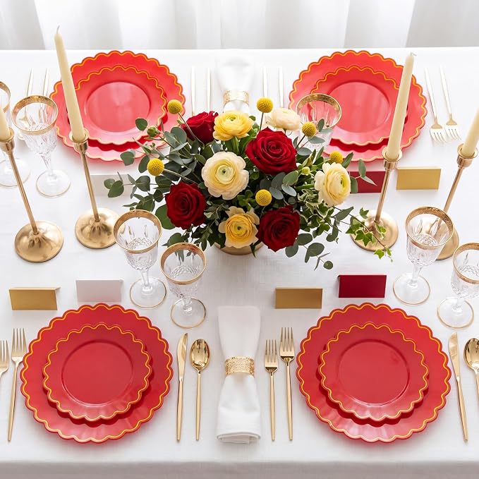 LIYH 100 Red Scalloped Plastic Disposable Plates - Image 5