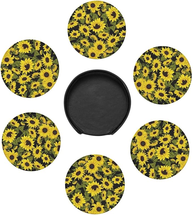 Drink Coasters with Holder Stand Set of 6, Sunflower Pu Leather Absorbent - Image 5