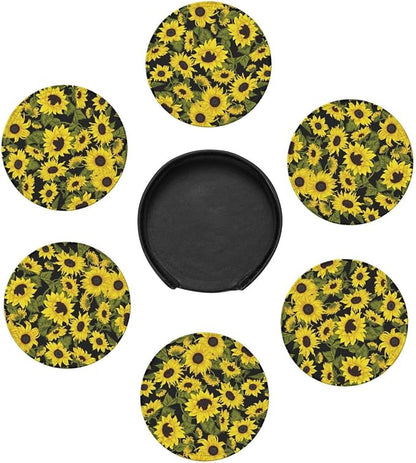 Drink Coasters with Holder Stand Set of 6, Sunflower Pu Leather Absorbent - Image 5