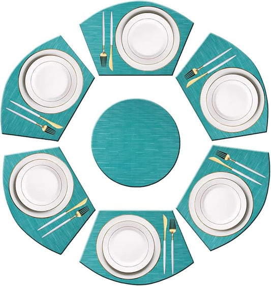 PIGCHCY Wedge Shaped Placemats Set of 6 with Centerpiece Round Mats Washable Kitchen Placemats Heat-Resistant Table Mats (Teal Blue)